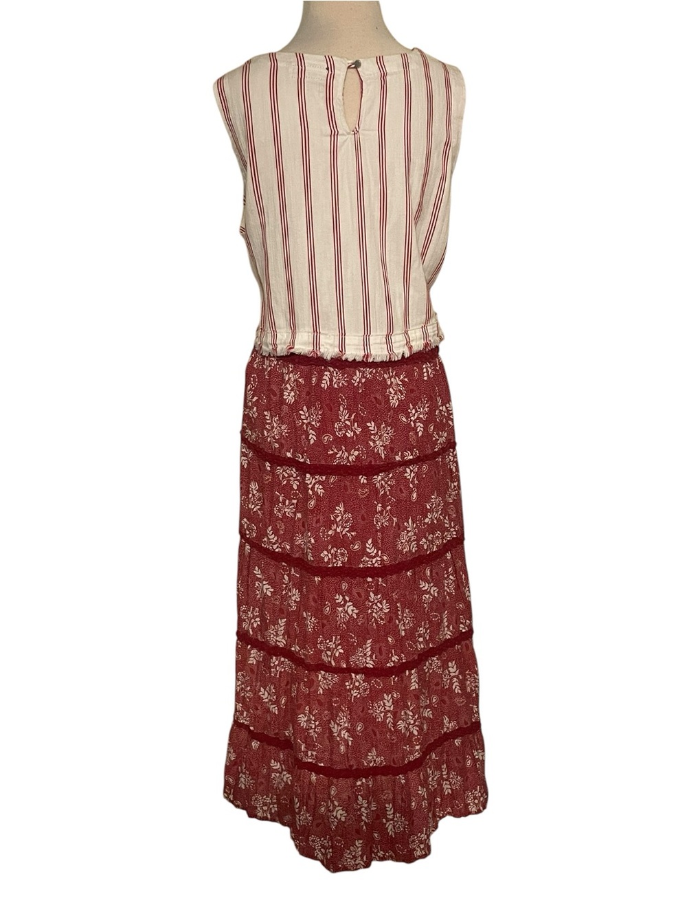 Laugh Bespoke Vintage Upcycled Boho Tiered Red White Maxi Dress Womens XXL - Picture 4 of 15